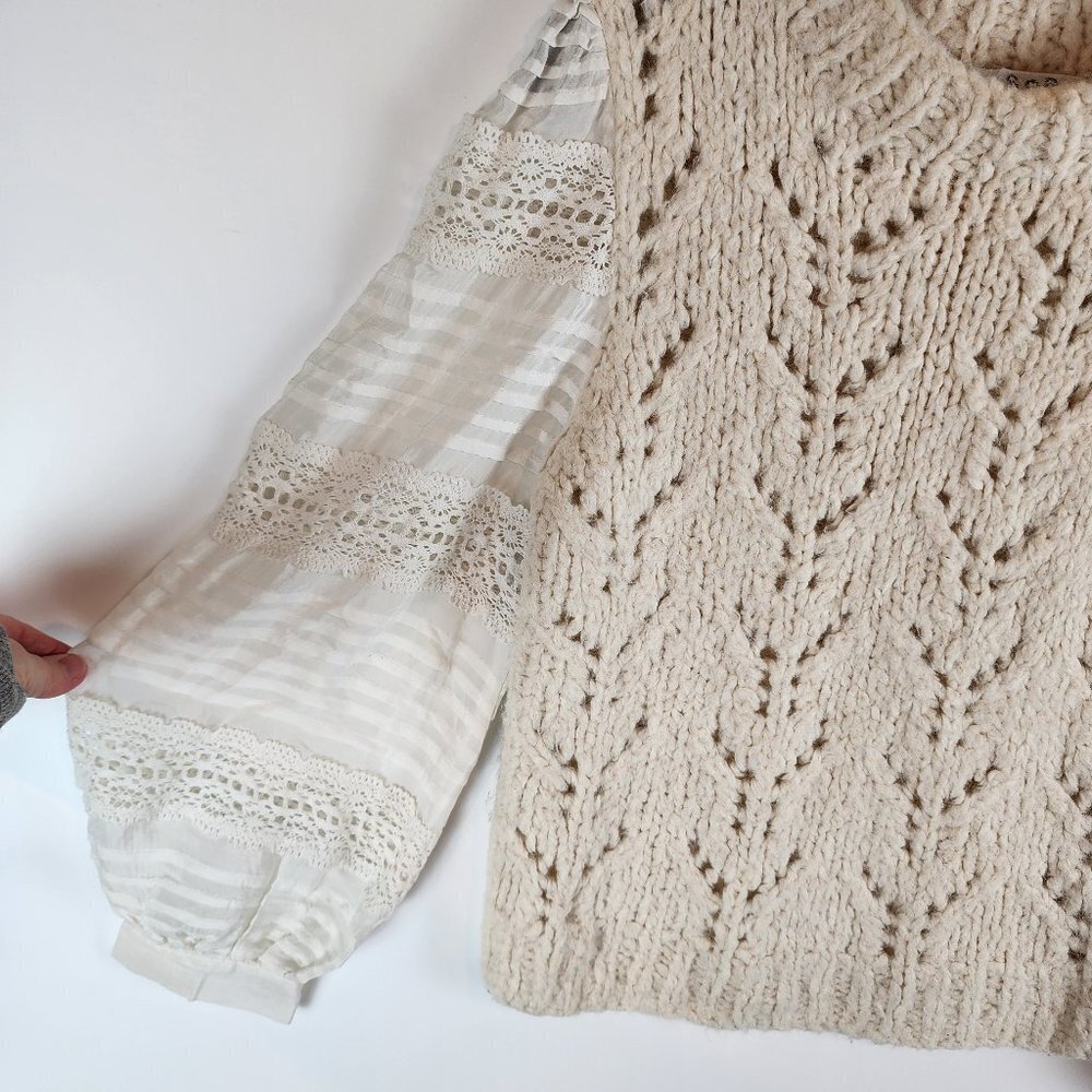 Sea New York Ellie Combo Sweater Cable Knit Puff Lace Sleeves Cream Alpaca Wool - Picture 4 of 14